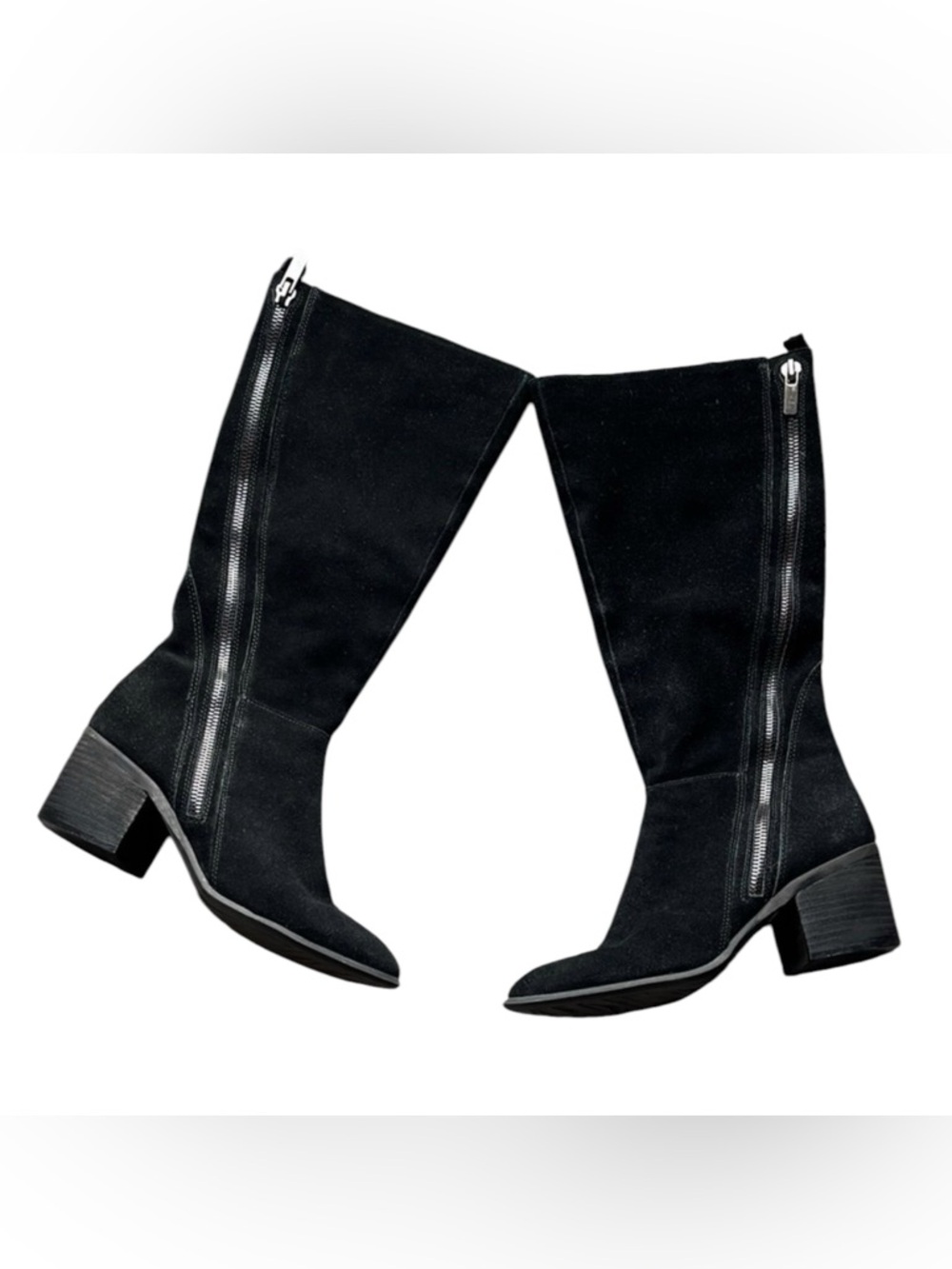 Carlos Santana Black Suede Boots Mid Calf Block Heel Size 10 Zip Detail